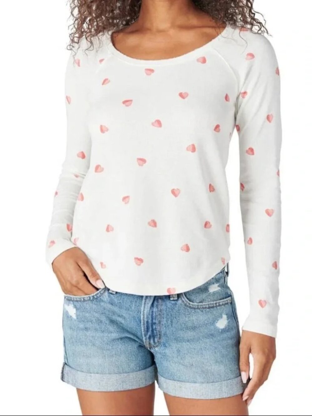 💕 NWT Lucky Brand Thermal Waffle Scoop Neck Top – Watercolor Hearts – XS